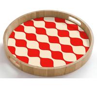 OnlyWow© Plateau Repas Bois Rond 50x50 cm Plateaux Service Decoratif Table Dejeuner Cafe Résistant à La Chaleur Chene Poignée Déjeuner Motif ondulé - Rétro - Rouge - Beige