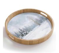 OnlyWow© Plateau Repas Bois Rond 50x50 cm Plateaux Service Decoratif Table Dejeuner Cafe Résistant à La Chaleur Chene Poignée Déjeuner Sentier forestier - Pin - Neige - Hiver - Reposant