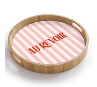 OnlyWow© Plateau Rond 40x40 cm Plateaux Repas Bois Decoratif Table Dejeuner Résistant Aux Cafe Chene Avec Poignée Déjeuner Rose pâle - Rouge - Rayures - Au revoir