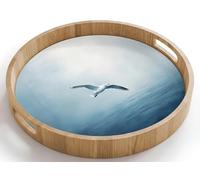 OnlyWow© Plateau Rond 40x40 cm Plateaux Repas Bois Decoratif Table Dejeuner Résistant Aux Rayures Cafe Chene Avec Poignée Déjeuner Mouette - Blanche - Mer - Brumeuse