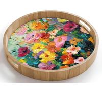 OnlyWow© Plateau Rond 40x40 cm Plateaux Repas Bois Decoratif Table Dejeuner Résistant Aux Rayures Cafe Chene Avec Poignée Déjeuner Explosion florale - Couleurs vives - Gaieté