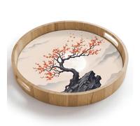 OnlyWow© Plateau Rond 40x40 cm Plateaux Repas Bois Decoratif Table Dejeuner Résistant Aux Rayures Cafe Chene Avec Poignée Déjeuner Asiatique - Fleur - Rouge