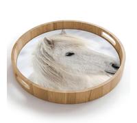 OnlyWow© Plateau Rond 40x40 cm Plateaux Repas Bois Decoratif Table Dejeuner Résistant Aux Rayures Cafe Chene Avec Poignée Déjeuner Cheval - Tête - Hiver - Animaux - Blanc