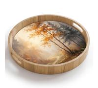 OnlyWow© Plateau Rond 40x40 cm Plateaux Repas Bois Decoratif Table Dejeuner Résistant Aux Rayures Cafe Chene Avec Poignée Déjeuner Chemin forestier - Feuilles d'automne - Nature