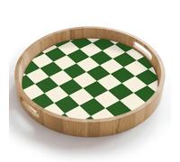 OnlyWow© Plateau Rond 40x40 cm Plateaux Repas Bois Decoratif Table Dejeuner Résistant Aux Rayures Cafe Chene Avec Poignée Déjeuner Échiquier - Motif - Vert