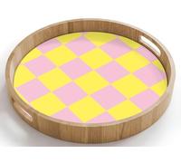 OnlyWow© Plateau Rond 40x40 cm Plateaux Repas Bois Decoratif Table Dejeuner Résistant Aux Rayures Cafe Chene Avec Poignée Déjeuner Motif de l'échiquier - Jaune - Rose - Cubes