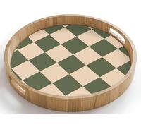 OnlyWow© Plateau Rond 40x40 cm Plateaux Repas Bois Decoratif Table Dejeuner Résistant Aux Rayures Cafe Chene Avec Poignée Déjeuner Impression échiquier - Vert - Beige - Blocs