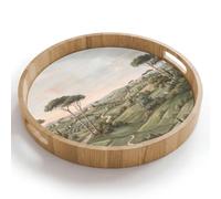 OnlyWow© Plateau Rond 40x40 cm Plateaux Repas Bois Decoratif Table Dejeuner Résistant Aux Rayures Cafe Chene Avec Poignée Déjeuner Paysage - Collines - Sentier sablonneux - Vert