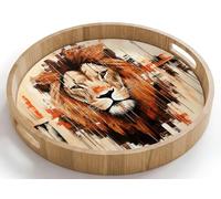 OnlyWow© Plateau Rond 40x40 cm Plateaux Repas Bois Decoratif Table Dejeuner Résistant Aux Rayures Cafe Chene Avec Poignée Déjeuner Tête de lion - Lignes - Crème