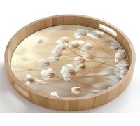 OnlyWow© Plateau Rond 50x50 cm Plateaux Repas Bois Decoratif Table Dejeuner Résistant Aux Rayures Cafe Chene Avec Poignée Déjeuner Sauvage - Fleurs - Blanc