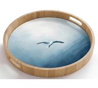 OnlyWow© Plateau Rond 50x50 cm Plateaux Repas Bois Decoratif Table Dejeuner Résistant Aux Rayures Cafe Chene Avec Poignée Déjeuner Mouette - Blanche - Mer - Brumeuse