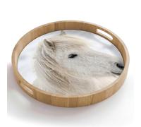 OnlyWow© Plateau Rond 50x50 cm Plateaux Repas Bois Decoratif Table Dejeuner Résistant Aux Rayures Cafe Chene Avec Poignée Déjeuner Cheval - Tête - Hiver - Animaux - Blanc
