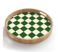 OnlyWow© Plateau Rond 50x50 cm Plateaux Repas Bois Decoratif Table Dejeuner Résistant Aux Rayures Cafe Chene Avec Poignée Déjeuner Échiquier - Motif - Vert