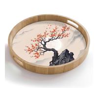 OnlyWow© Plateau Rond 50x50 cm Plateaux Repas Bois Decoratif Table Dejeuner Résistant Aux Rayures Cafe Chene Avec Poignée Déjeuner Asiatique - Fleur - Rouge