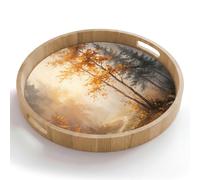 OnlyWow© Plateau Rond 50x50 cm Plateaux Repas Bois Decoratif Table Dejeuner Résistant Aux Rayures Cafe Chene Avec Poignée Déjeuner Chemin forestier - Feuilles d'automne - Nature