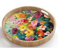 OnlyWow© Plateau Rond 50x50 cm Plateaux Repas Bois Decoratif Table Dejeuner Résistant Aux Rayures Cafe Chene Avec Poignée Déjeuner Explosion florale - Couleurs vives - Gaieté