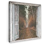 OnlyWow© Poster De Jardin 80x80 cm Original Mur Tableau Decoration Murale Balcon Peinture Tableaux Terrasse Impression Art Mural Deco Décoratif Muraux Voies ferrées - Automne - Vue - Forêt