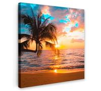 OnlyWow© Poster De Jardin 90x90 cm Deco Exterieur Decoration Balcon Décoration Affiche Murale Extérieur Terrasse Déco Appartement Extérieure Palmier - Coucher de Soleil - Horizon - Plage - Mer