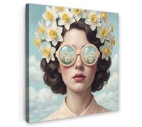 OnlyWow© Tableau De Jardin 100x100 cm Impressions Toiles Reproductions Décoration Moderne sur Mural Decoratifs Photo Femme - Jonquilles - Jaune
