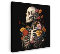 OnlyWow© Tableau De Jardin 100x100 cm Impressions Toiles Reproductions Décoration Moderne sur Mural Decoratifs Photo Squelette - Fleurs - Crâne - Coloré