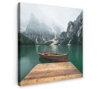OnlyWow© Tableau De Jardin 100x100 cm Impressions Toiles Reproductions Décoration Moderne sur Mural Decoratifs Photo Brouillard - Neige - Montagne - Bateau