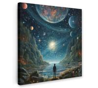 OnlyWow© Tableau De Jardin 100x100 cm Original Mur Decoration Balcon Murale Peinture Tableaux Terrasse Impression Art Mural Deco Décoratif Muraux Montagnes - Eau - Lune - Étoiles