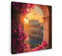 OnlyWow© Tableau De Jardin 100x100 cm Original Mur Decoration Balcon Murale Peinture Tableaux Terrasse Impression Art Mural Deco Décoratif Muraux Colisée - Rome - Fleurs Roses
