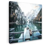 OnlyWow© Tableau De Jardin 100x100 cm Original Mur Decoration Balcon Murale Peinture Tableaux Terrasse Impression Art Mural Deco Décoratif Muraux Nature - Montagnes - Neige - Forêt - Bateau