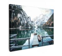 OnlyWow© Tableau De Jardin 100x70 cm Original Mur Decoration Balcon Murale Peinture Tableaux Terrasse Impression Art Mural Deco Décoratif Muraux Nature - Montagnes - Neige - Forêt - Bateau