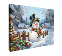 OnlyWow© Tableau De Jardin 80x60 cm Impressions Toiles Reproductions Décoration Moderne sur Mural Decoratifs Photo Bonhomme de Neige - Village d'hiver - Coloré