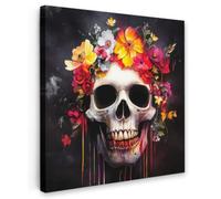 OnlyWow© Tableau De Jardin 80x80 cm Original Mur Decoration Balcon Murale Peinture Tableaux Terrasse Impression Art Mural Deco Décoratif Muraux Crâne - Fleurs - Crâne - Sang - Coloré