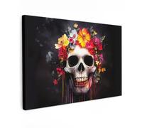 OnlyWow© Tableau De Jardin 90x60 cm Original Mur Decoration Balcon Murale Peinture Tableaux Terrasse Impression Art Mural Deco Décoratif Muraux Crâne - Fleurs - Crâne - Sang - Coloré