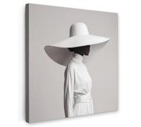 OnlyWow© Tableau De Jardin 90x90 cm Impressions Toiles Reproductions Décoration Moderne sur Mural Decoratifs Photo Femme - Profil - Chapeau - Noir - Blanc
