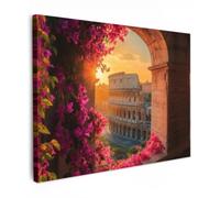 OnlyWow© Tableau De Jardin Original Mur Decoration Balcon Murale Peinture | 100x70 cm - Tableaux Terrasse Impression Art Mural Deco Décoratif Muraux Colisée - Rome - Fleurs roses