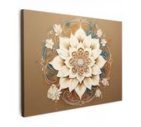 OnlyWow© Tableau De Jardin Original Mur Decoration Balcon Murale Peinture | 100x70 cm - Tableaux Terrasse Impression Art Mural Deco Décoratif Muraux Mandala - Fleurs - Blanc - Marron
