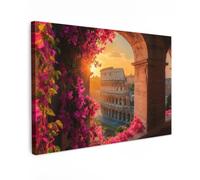 OnlyWow© Tableau De Jardin Original Mur Decoration Balcon Murale Peinture | 120x80 cm - Tableaux Terrasse Impression Art Mural Deco Décoratif Muraux Colisée - Rome - Fleurs roses