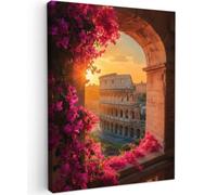 OnlyWow© Tableau De Jardin Original Mur Decoration Balcon Murale Peinture | 50x70 cm - Tableaux Terrasse Impression Art Mural Deco Décoratif Muraux Colisée - Rome - Fleurs roses