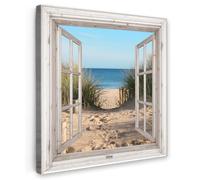 OnlyWow© Toile Extérieur 100x100 cm Original Mur Tableau Decoration Murale Peinture Tableaux Impression Art Mural Deco Décoratif Muraux Aperçu - Plage - Mer - Dunes - Sable - Eau - Herbes Hautes