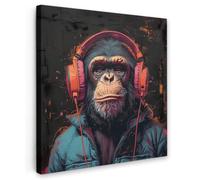 OnlyWow© Toile Extérieur 100x100 cm Original Mur Tableau Decoration Murale Peinture Tableaux Impression Art Mural Deco Décoratif Muraux Graffiti - Chimpanzé - Ecouteurs - Singe