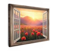 OnlyWow© Toile Extérieur 100x70 cm Original Mur Tableau Decoration Murale Peinture Tableaux Impression Art Mural Deco Décoratif Muraux Transparent - Coquelicots - Fleurs - Rouge - Fenêtre Ouverte