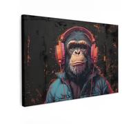 OnlyWow© Toile Extérieur 120x80 cm Original Mur Tableau Decoration Murale Peinture Tableaux Impression Art Mural Deco Décoratif Muraux Graffiti - Chimpanzé - Ecouteurs - Singe