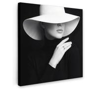 OnlyWow© Toile Extérieur 90x90 cm Original Mur Tableau Decoration Murale Peinture Tableaux Impression Art Mural Deco Décoratif Muraux Femme - Chapeau - Main - Noir - Blanc - Classique