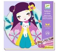 DJECO Kit Paillettes et Strass Japon pour Enfants de 6 à 10 ans- 4 Cartes Arrondies et Préencollées, Paillettes & Strass - Développe la Créativité - Dessins Elégants - Sans Désordre, Facile à Utiliser