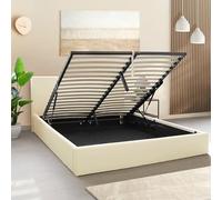 OnNuvo Lit double 160 x 190 cm rembourré London, compartiment sous lit 23 cm, levage hydraulique, montage simple, avec lattes anti-bruit en hêtre naturel, marque italienne, beige