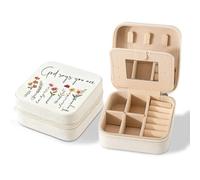 Onperpoe Boîte à bijoux, cadeaux chrétiens, rangement de bijoux en cuir beige avec miroir, 10 x 10 x 5 cm, trousse cosmétique pour femme, sac à bijoux pour voyage, organisateur de bijoux, mariage