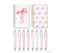 Onperpoe Lot de 8 stylos à bille roses et 2 carnets à spirale A5 avec nœud rose, carnet de notes pour fille avec jolis stylos pour filles, cadeau pour fille, kit de papeterie pour l'école et le bureau