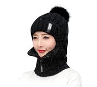 Onsoyours 2 en 1 Bonnet Tricoté Hiver Cache-Cou Doublé en Molleton Épais Doux Chaud Bonnet Cagoule en Tricot Coupe-Vent Chapeau Réglable avec Pompon pour Femmes Filles A Noir Taille Unique
