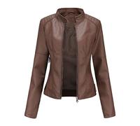 Onsoyours Blouson Femme Veste en Cuir Faux Simili Manches Longues Blouson Fermeture Éclair Biker Manteau Slim Fit Bombers Moto Jacket Chaud Casual C Caffè XL