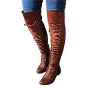 Onsoyours Bottes Cuissardes Femmes Casual PU Cuir Haute Stretch Cuissardes Bottes Slim Fit À Lacets Chevalier Bottes sur Les Bottes de Genou B Brun 46 EU