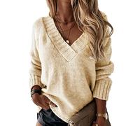 Onsoyours Chandails Femme Pull Color Block à Manches Longues Couleur Unie Pull Chaud Col V Décontracté Pullover Tricot Sweater Mode Haut Hiver A Jaune S C Abricot MA
